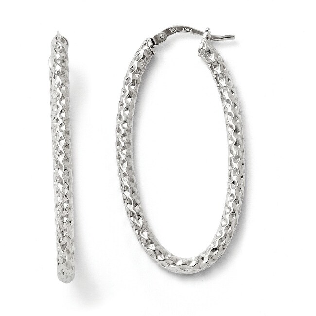Italian Sterling Silver Polished &Textured Oval Hinged Hoop Earrings